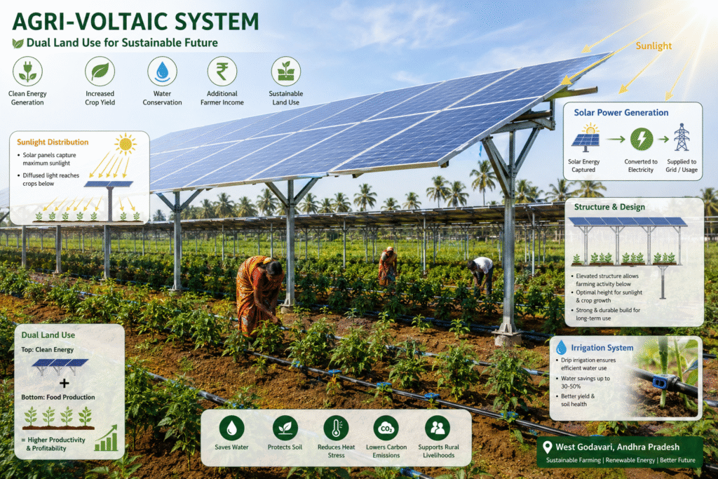 visualization of an agri-voltaic farming system showing crops growing beneath elevated solar panels