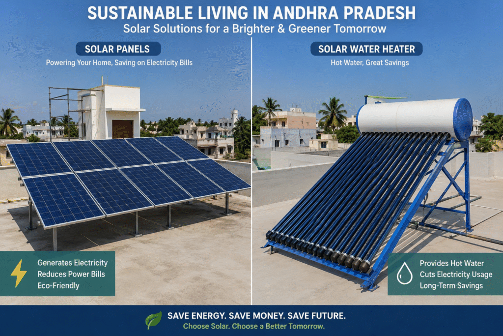 side-by-side comparison of a modern Andhra Pradesh home using rooftop solar panels on one side and a solar water heater system