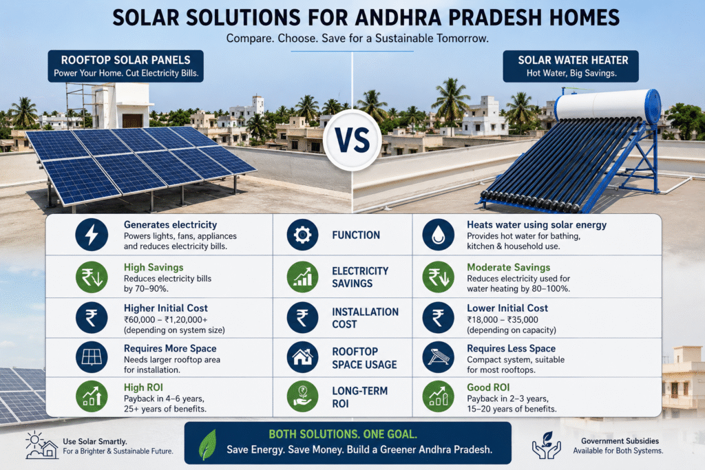 infographic-style visual comparing solar water heaters and rooftop solar panels for AP homes