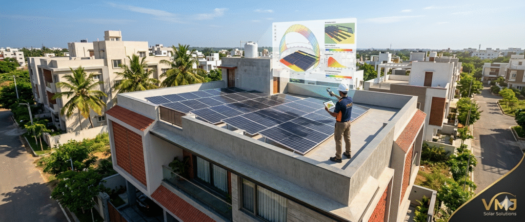 Indian home in Andhra Pradesh with rooftop solar panels under bright sunlight