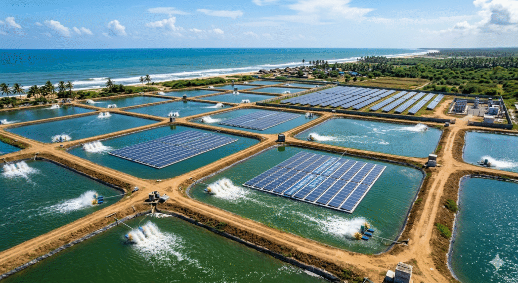 aquaculture pond in coastal Andhra Pradesh powered by solar energy