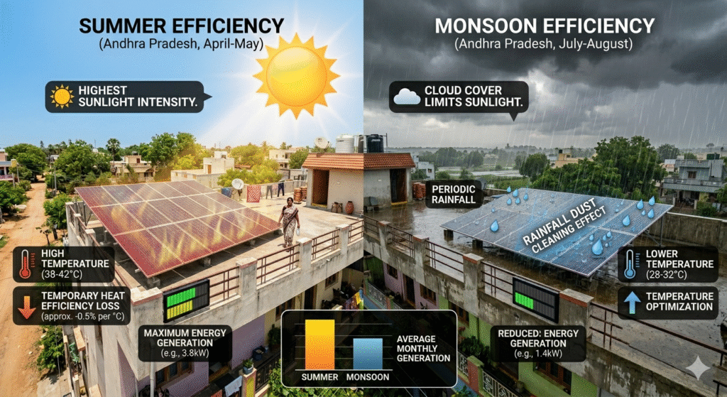 comparing solar panel efficiency in summer vs monsoon conditions