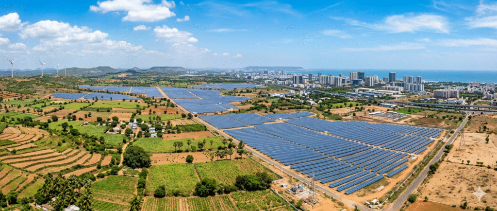 India’s clean energy transition featuring large solar panel installations