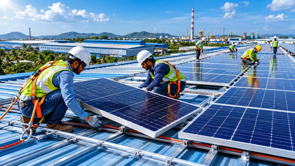 rooftop solar installation on a large tin shed factory roof in Andhra Pradesh