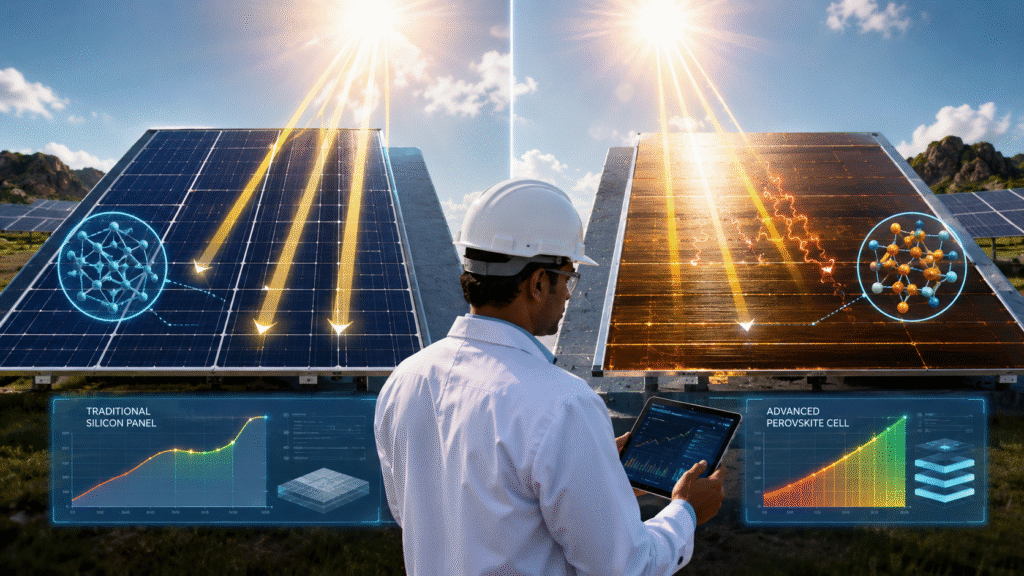 side-by-side comparison of traditional silicon solar panels and futuristic perovskite solar cells