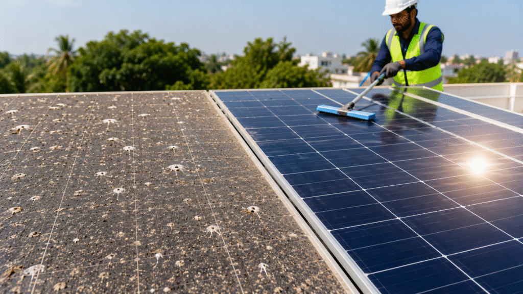 solar panels versus dust-covered and bird-dropping-covered solar modules