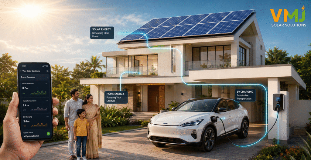 Andhra Pradesh with a large rooftop solar installation powering a sleek electric vehicle