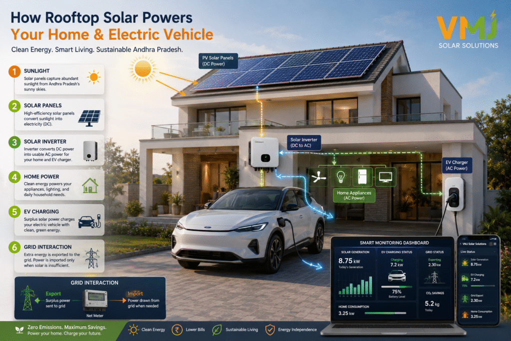infographic-style visualization showing how rooftop solar powers an electric vehicle in Andhra Pradesh