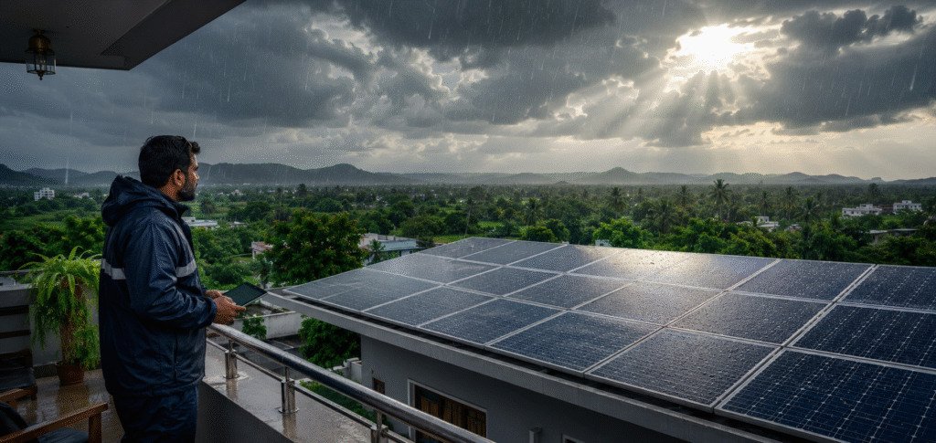rooftop solar installation on an Indian home in Andhra Pradesh during monsoon season
