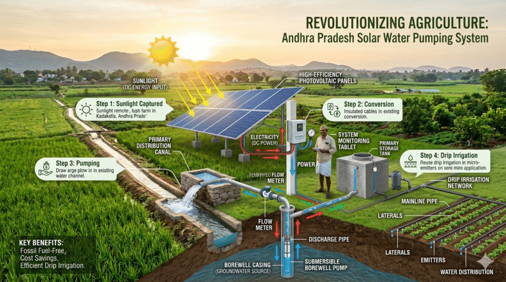 how a solar water pumping system works on a remote farm in Andhra Pradesh